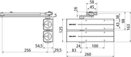 Forta >EN7 pentru usi de peste 160 kg Latime usa : maxim 1800 mm Dimensiune 260x125x55 mm Culoare argintiu Pretul include : 2 bucati corp amortizor ASSA ABLOY DC 300, 1 placa de montaj, 1 bucata brat amortizor Doua valve de reglaj pentru: viteza si forta de inchiderea a usii; Amortizorul hidraulica ASSA ABLOY DC 300 tandem recomandat la usi din lemn, PVC, Aluminiu si metalice foarte grele, cu greutati de peste 160 kg. Se monteaza pe usi cu deschidere stanga sau deschidere dreapta Certificare pentru usi rezistente la foc Reglare backcheck