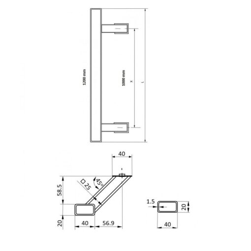 Maner din inox negru periat 45 grade 20x40 500mm