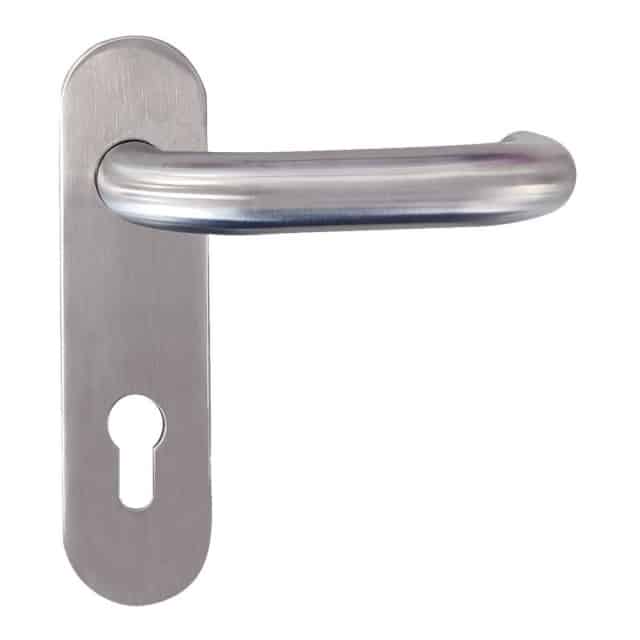 Mâner din inox pe placă lungă cu decupaj pentru eurocilindru, set 3101