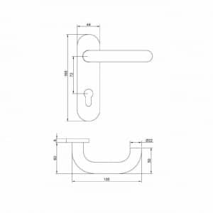 Desen cotat: placă 168 × 44 mm, interax 72 mm și mâner 135 mm